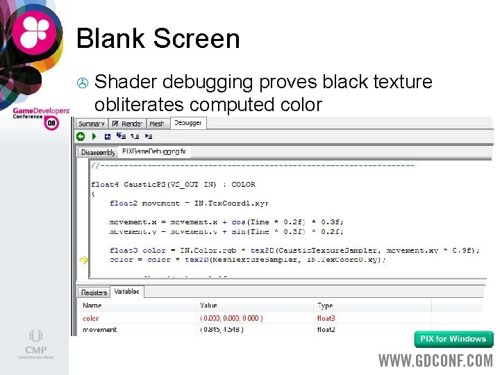 Blank Screen > Shader debugging proves black texture obliterates computed color 