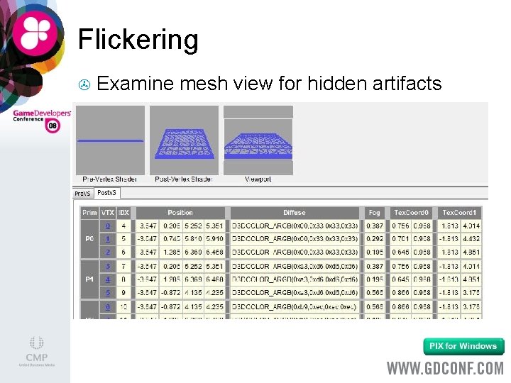 Flickering > Examine mesh view for hidden artifacts 