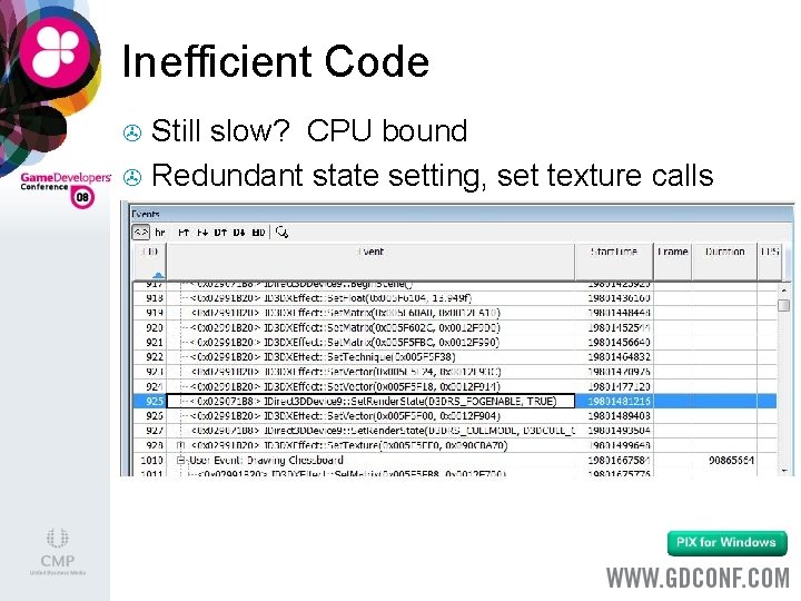 Inefficient Code Still slow? CPU bound > Redundant state setting, set texture calls >