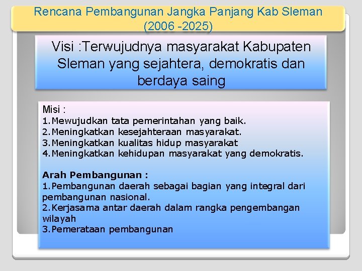 Rencana Pembangunan Jangka Panjang Kab Sleman (2006 -2025) Visi : Terwujudnya masyarakat Kabupaten Sleman Rencana Pembangunan Jangka Panjang Kab Sleman (2006 -2025) Visi : Terwujudnya masyarakat Kabupaten Sleman