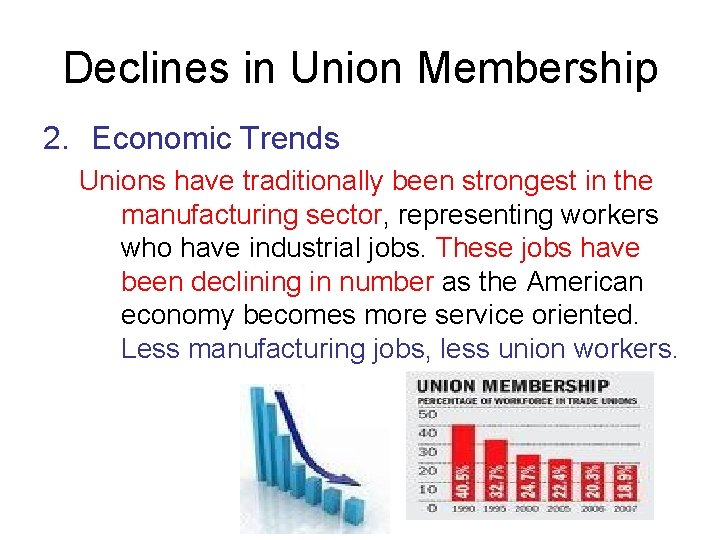 Declines in Union Membership 2. Economic Trends Unions have traditionally been strongest in the