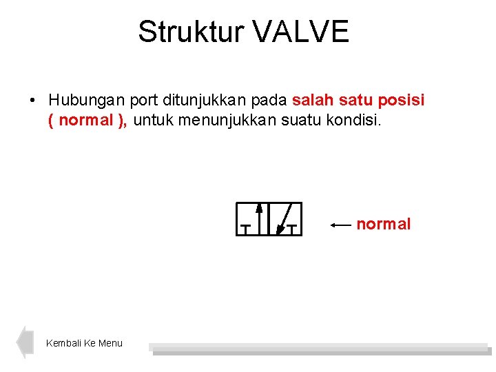 Struktur VALVE • Hubungan port ditunjukkan pada salah satu posisi ( normal ), untuk