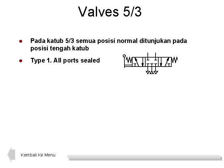 Valves 5/3 l Pada katub 5/3 semua posisi normal ditunjukan pada posisi tengah katub