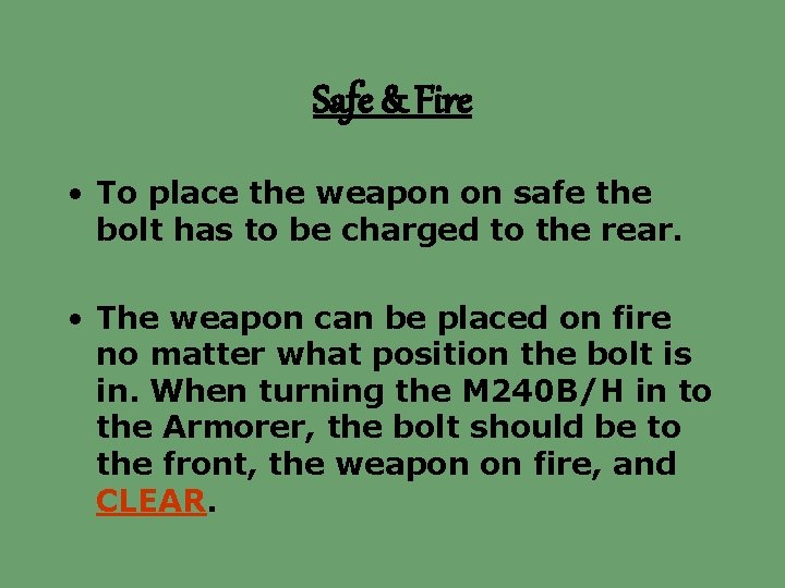 Safe & Fire • To place the weapon on safe the bolt has to