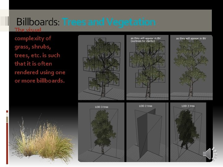 Billboards: Trees and Vegetation The visual complexity of grass, shrubs, trees, etc. is such