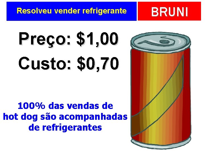 Resolveu vender refrigerante Preço: $1, 00 Custo: $0, 70 100% das vendas de hot