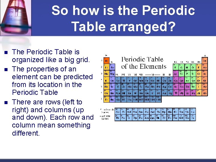 So how is the Periodic Table arranged? n n n The Periodic Table is