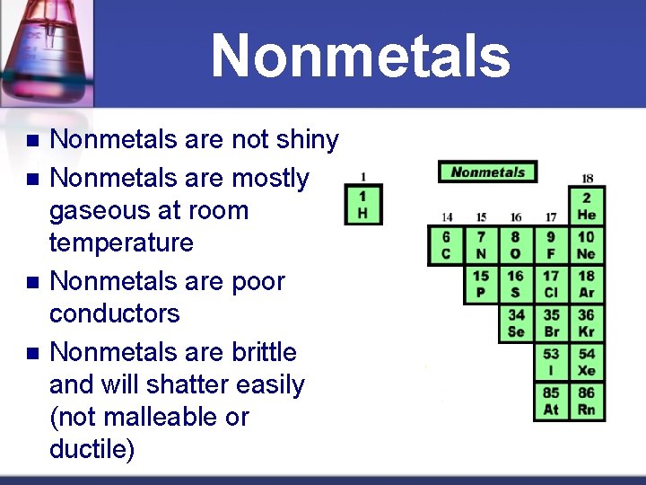 Nonmetals n n Nonmetals are not shiny Nonmetals are mostly gaseous at room temperature