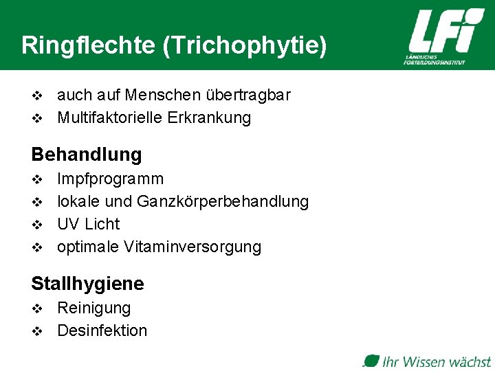 Ringflechte (Trichophytie) auch auf Menschen übertragbar v Multifaktorielle Erkrankung v Behandlung Impfprogramm v lokale
