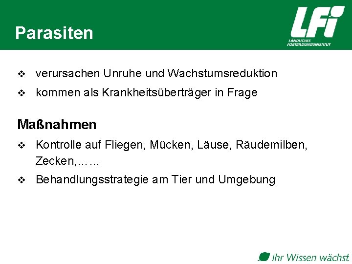 Parasiten v verursachen Unruhe und Wachstumsreduktion v kommen als Krankheitsüberträger in Frage Maßnahmen v