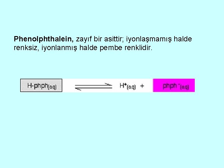 Phenolphthalein, zayıf bir asittir; iyonlaşmamış halde renksiz, iyonlanmış halde pembe renklidir. 