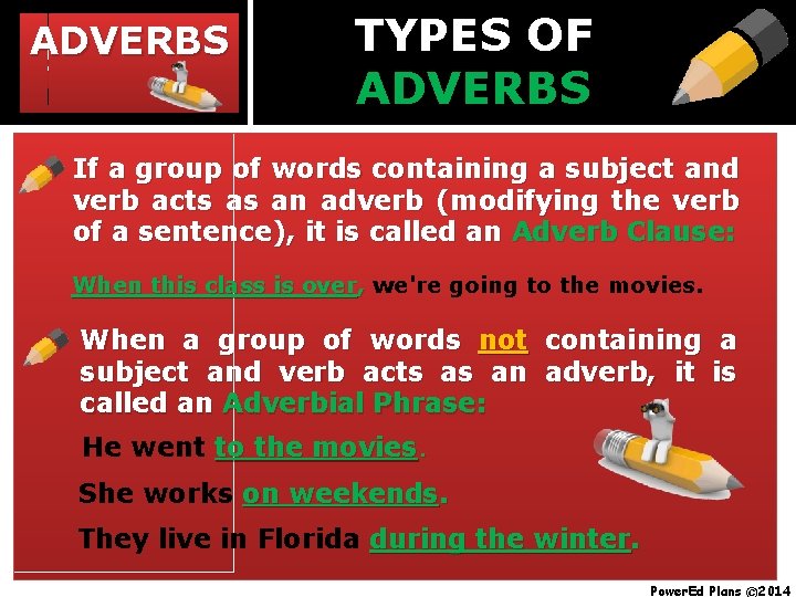ADVERBS TYPES OF ADVERBS If a group of words containing a subject and verb