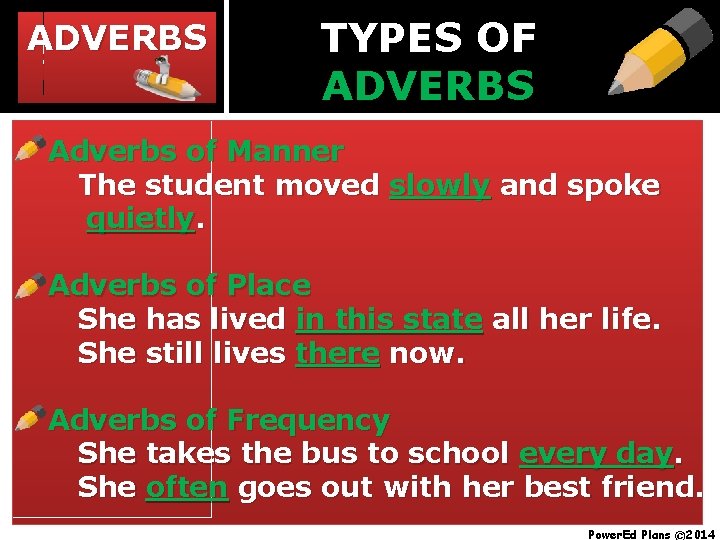 ADVERBS TYPES OF ADVERBS Adverbs of Manner The student moved slowly and spoke quietly.