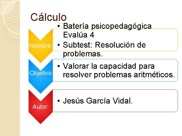 Cálculo Nombre: Objetivo : Autor: • Batería psicopedagógica Evalúa 4 • Subtest: Resolución de