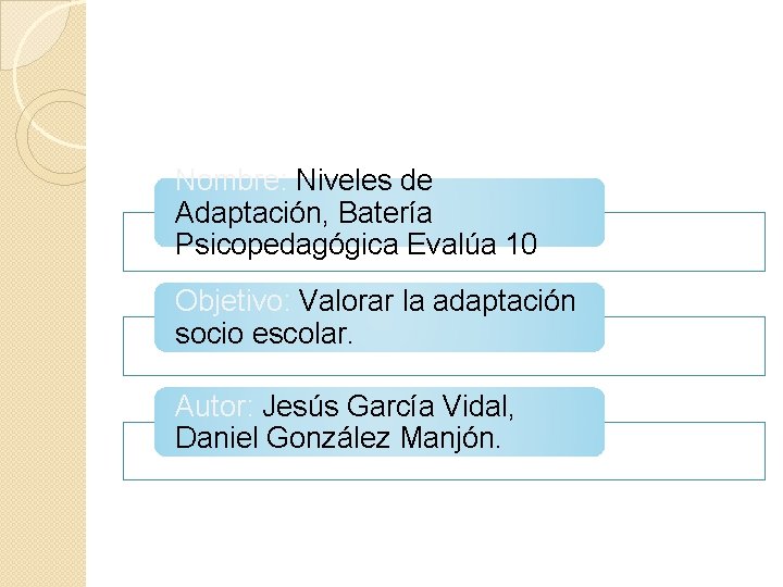 Nombre: Niveles de Adaptación, Batería Psicopedagógica Evalúa 10 Objetivo: Valorar la adaptación socio escolar.