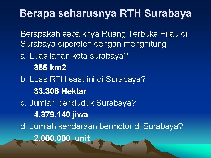 Berapa seharusnya RTH Surabaya Berapakah sebaiknya Ruang Terbuks Hijau di Surabaya diperoleh dengan menghitung