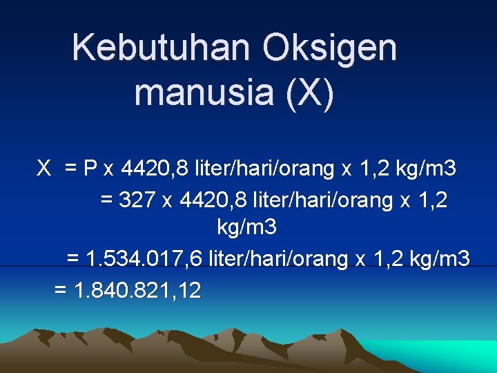 Kebutuhan Oksigen manusia (X) X = P x 4420, 8 liter/hari/orang x 1, 2