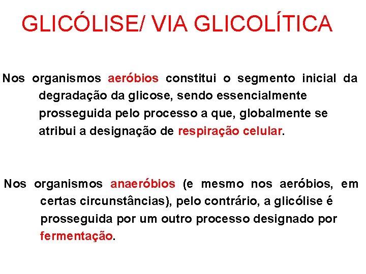 GLICÓLISE/ VIA GLICOLÍTICA Nos organismos aeróbios constitui o segmento inicial da degradação da glicose,
