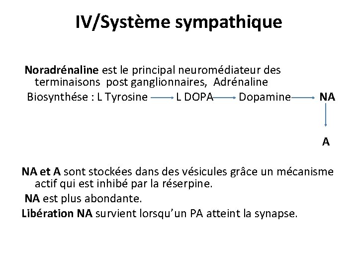 IV/Système sympathique Noradrénaline est le principal neuromédiateur des terminaisons post ganglionnaires, Adrénaline Biosynthése :