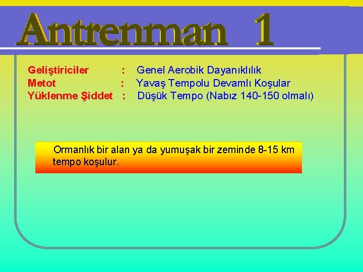 Geliştiriciler Metot Yüklenme Şiddet : Genel Aerobik Dayanıklılık : Yavaş Tempolu Devamlı Koşular :