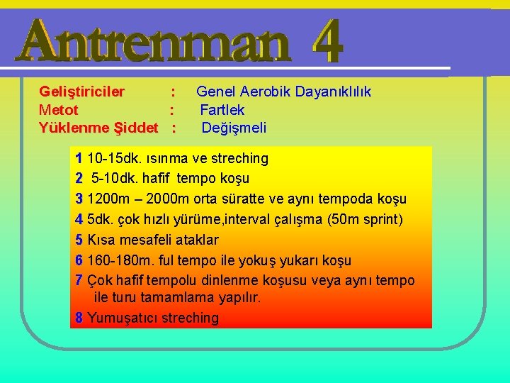 Geliştiriciler : Metot : Yüklenme Şiddet : Genel Aerobik Dayanıklılık Fartlek Değişmeli 1 10