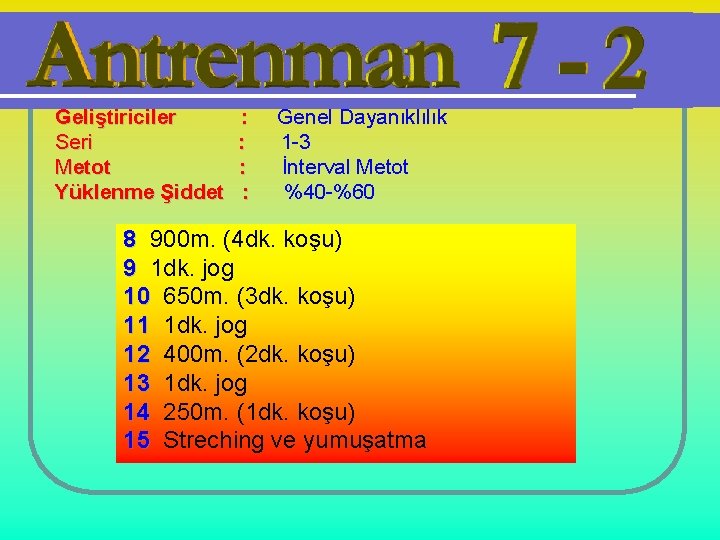 Geliştiriciler Seri Metot Yüklenme Şiddet : : Genel Dayanıklılık 1 -3 İnterval Metot %40