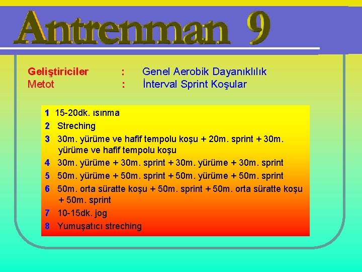 Geliştiriciler Metot : : Genel Aerobik Dayanıklılık İnterval Sprint Koşular 1 15 -20 dk.