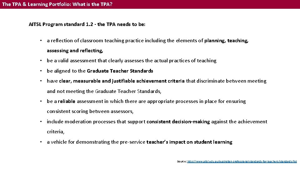 The TPA & Learning Portfolio: What is the TPA? AITSL Program standard 1. 2