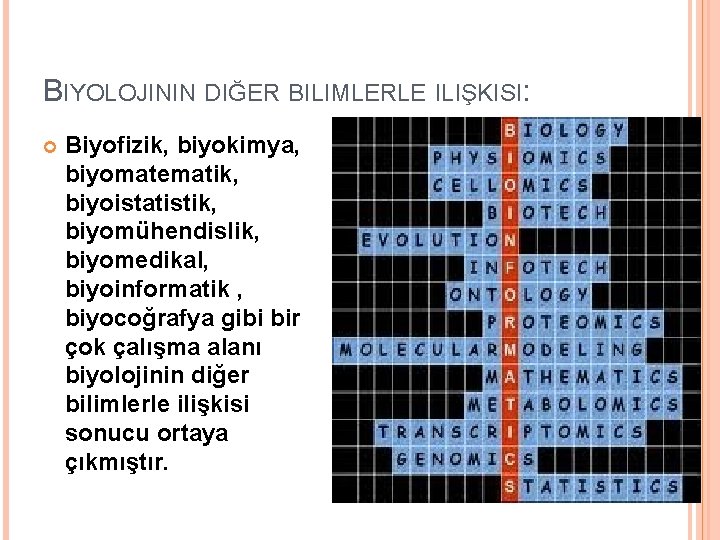 BIYOLOJININ DIĞER BILIMLERLE ILIŞKISI: Biyofizik, biyokimya, biyomatematik, biyoistatistik, biyomühendislik, biyomedikal, biyoinformatik , biyocoğrafya gibi