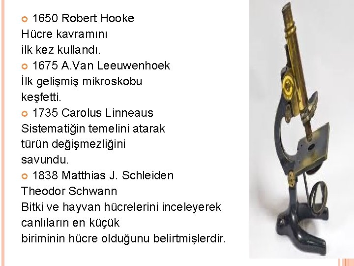 1650 Robert Hooke Hücre kavramını ilk kez kullandı. 1675 A. Van Leeuwenhoek İlk gelişmiş