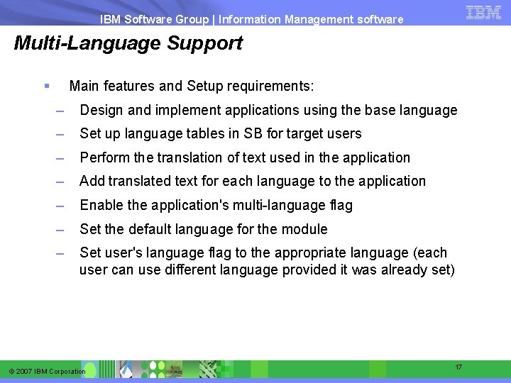 IBM Software Group | Information Management software Multi-Language Support § Main features and Setup