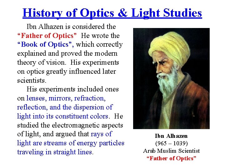 History of Optics & Light Studies Ibn Alhazen is considered the “Father of Optics”