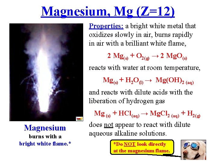 Magnesium, Mg (Z=12) Properties: a bright white metal that oxidizes slowly in air, burns