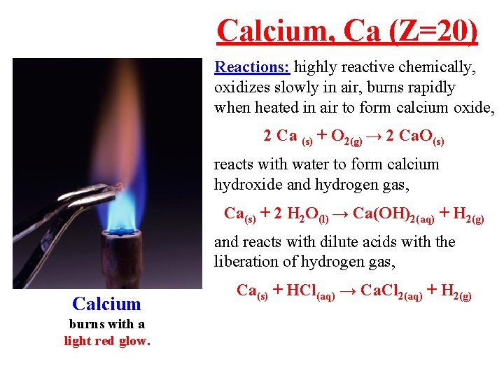 Calcium, Ca (Z=20) Reactions: highly reactive chemically, oxidizes slowly in air, burns rapidly when