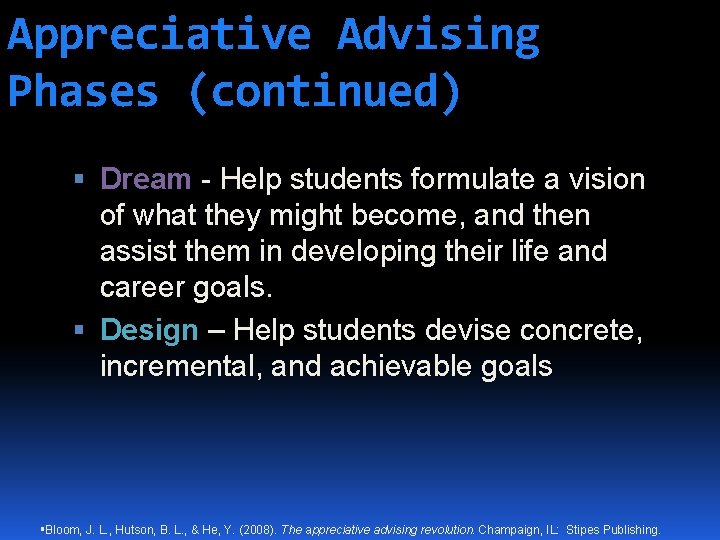 Appreciative Advising Phases (continued) Dream - Help students formulate a vision of what they