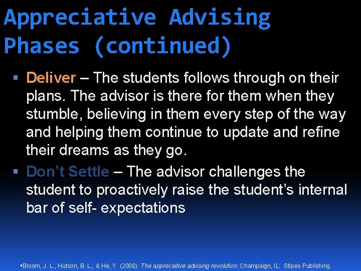 Appreciative Advising Phases (continued) Deliver – The students follows through on their plans. The