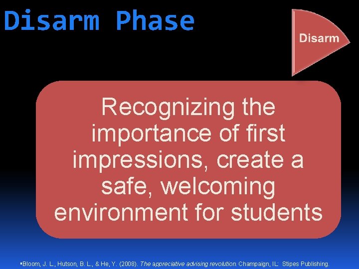 Disarm Phase Recognizing the importance of first impressions, create a safe, welcoming environment for