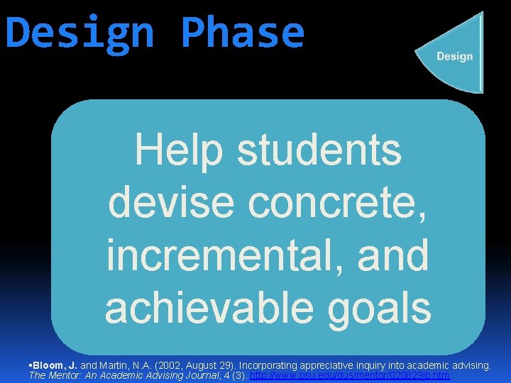 Design Phase Help students devise concrete, incremental, and achievable goals Bloom, J. and Martin,