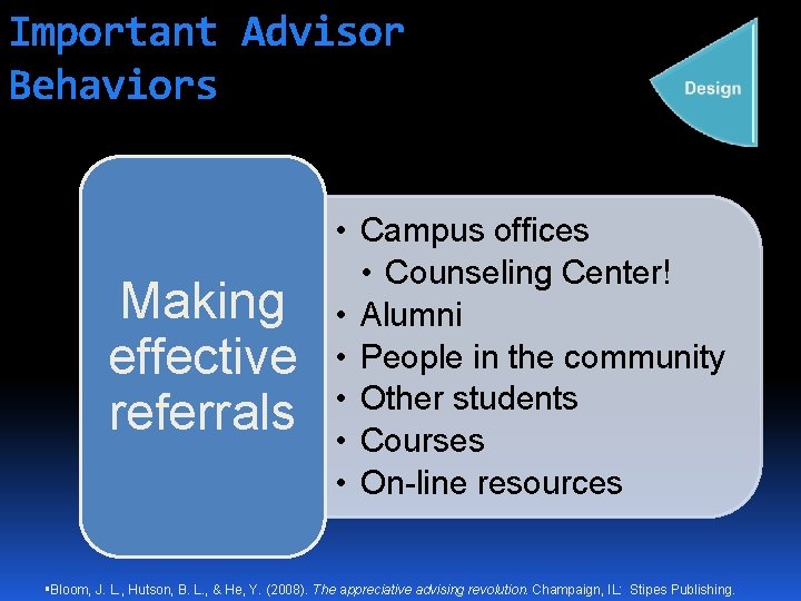 Important Advisor Behaviors Making effective referrals • Campus offices • Counseling Center! • Alumni