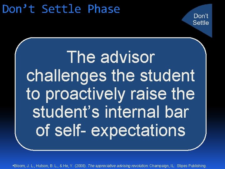 Don’t Settle Phase The advisor challenges the student to proactively raise the student’s internal
