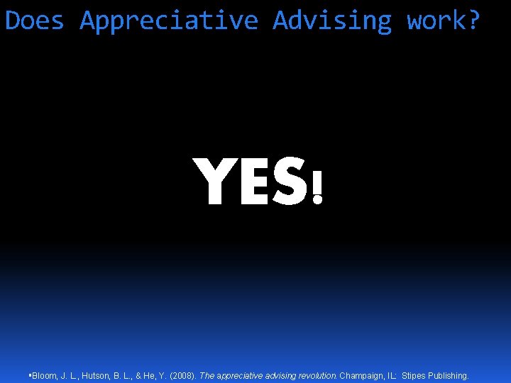 Does Appreciative Advising work? YES! Bloom, J. L. , Hutson, B. L. , &