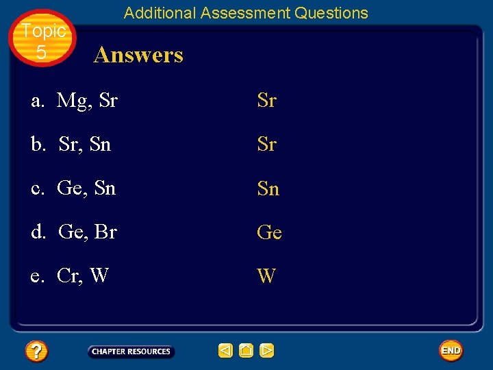 Topic 5 Additional Assessment Questions Answers a. Mg, Sr Sr b. Sr, Sn Sr