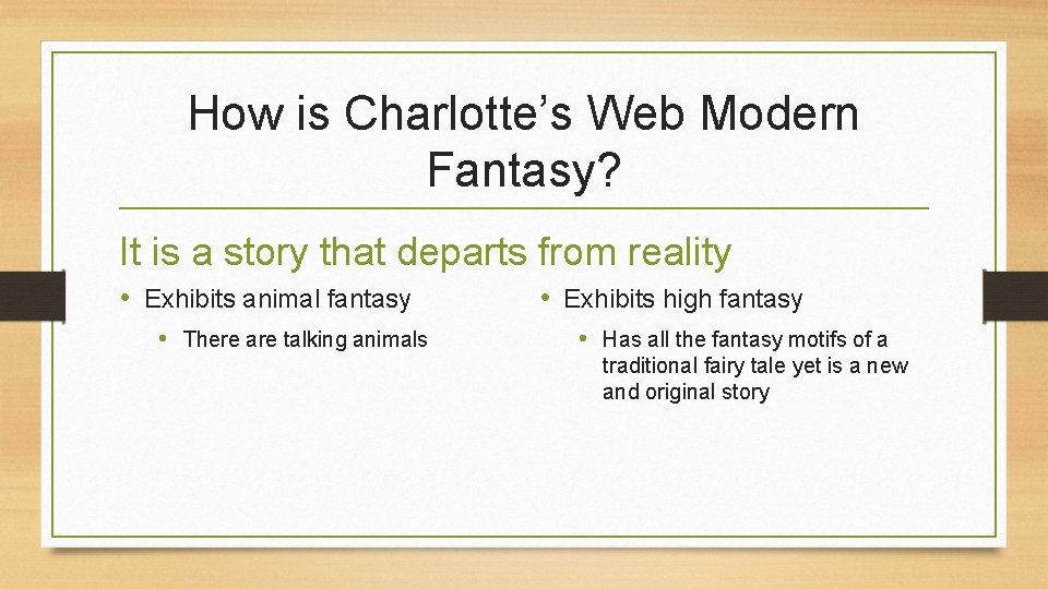 How is Charlotte’s Web Modern Fantasy? It is a story that departs from reality