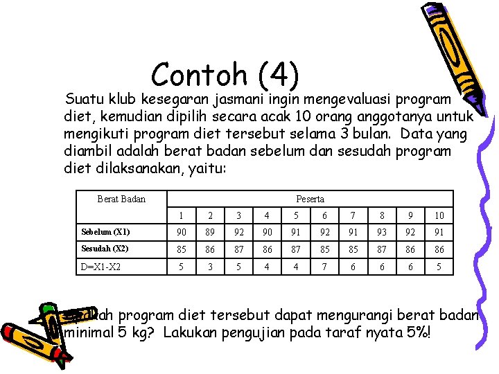 Contoh (4) Suatu klub kesegaran jasmani ingin mengevaluasi program diet, kemudian dipilih secara acak