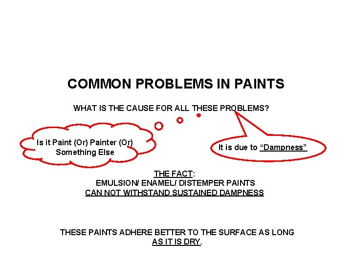 COMMON PROBLEMS IN PAINTS WHAT IS THE CAUSE FOR ALL THESE PROBLEMS? Is it