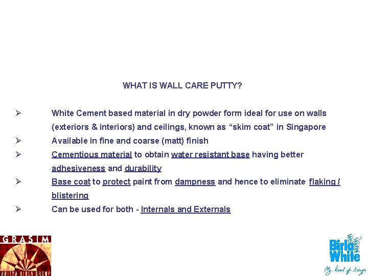 WHAT IS WALL CARE PUTTY? Ø White Cement based material in dry powder form