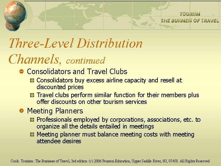 Three-Level Distribution Channels, continued Consolidators and Travel Clubs Consolidators buy excess airline capacity and