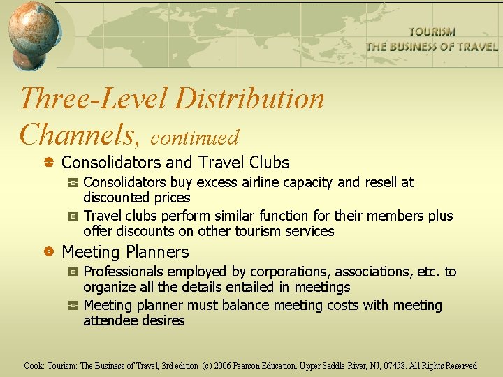 Three-Level Distribution Channels, continued Consolidators and Travel Clubs Consolidators buy excess airline capacity and