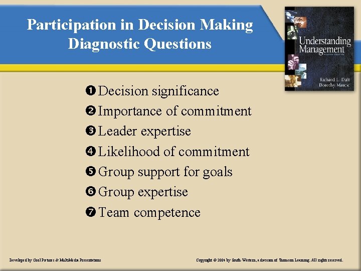 Participation in Decision Making Diagnostic Questions Decision significance Importance of commitment Leader expertise Likelihood