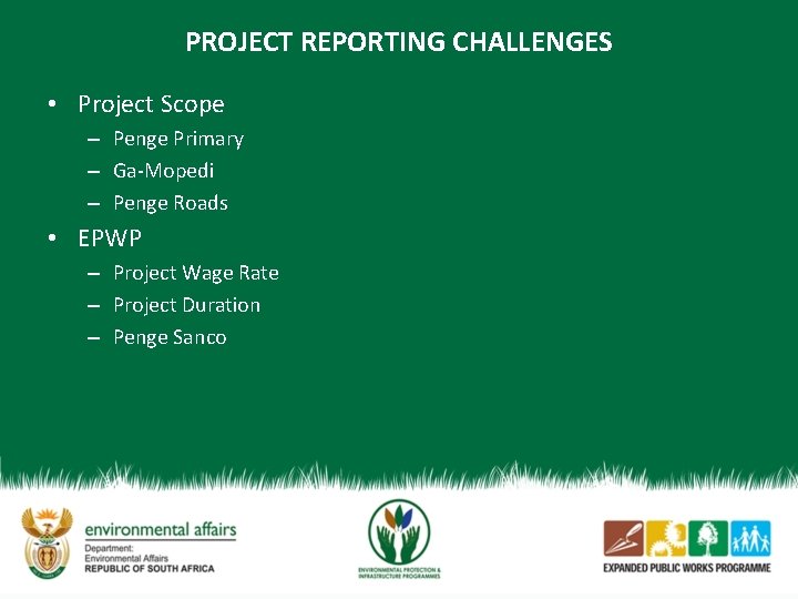 PROJECT REPORTING CHALLENGES • Project Scope – Penge Primary – Ga-Mopedi – Penge Roads